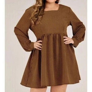 Boutique Yellow & Brown Houndstooth Long Sleeve Mini Dress 2XL